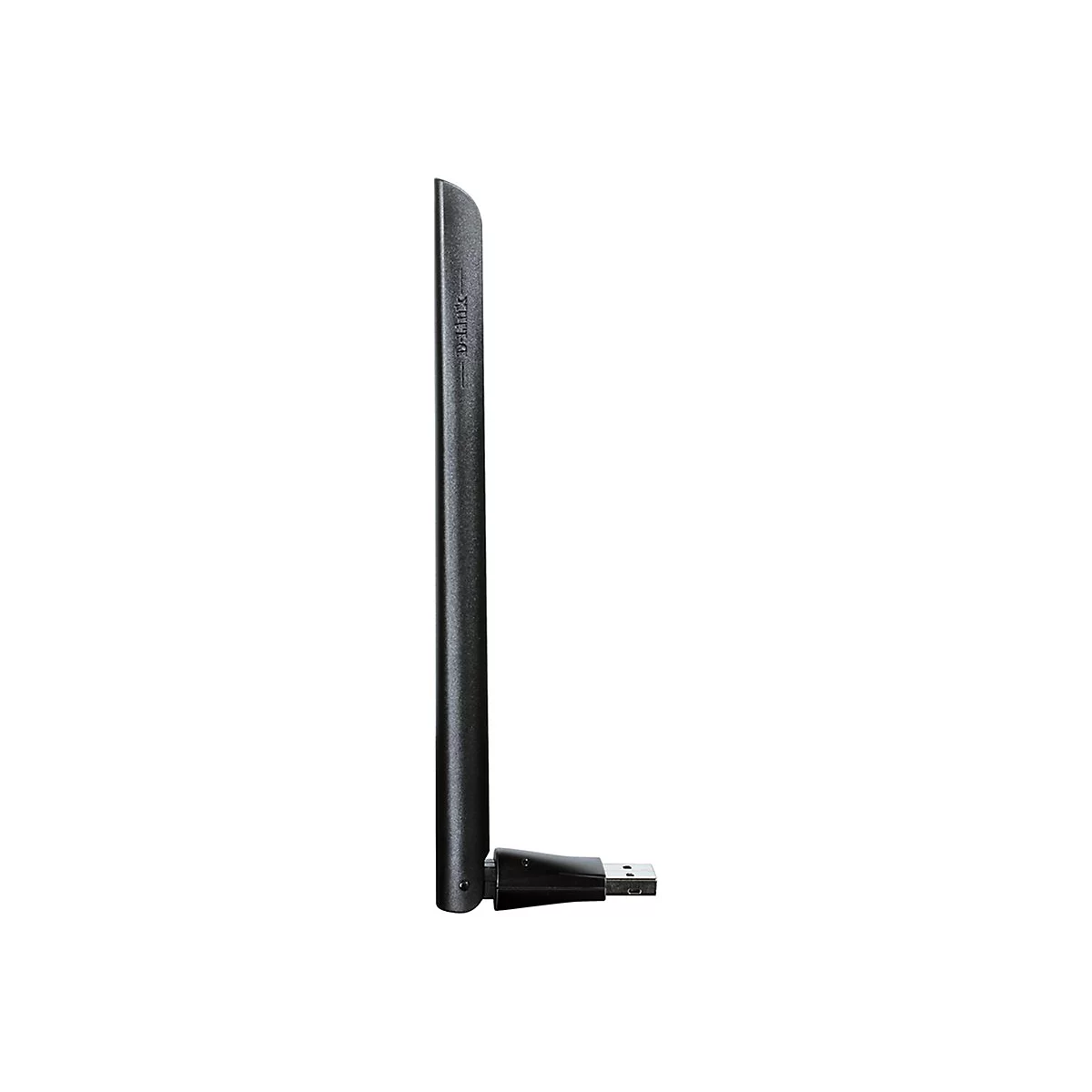 Schwarze WLAN-Antenne im Seitenprofil. An der Oberseite steht in klein „D-Link“. Am unteren Ende ein USB-Anschluss.