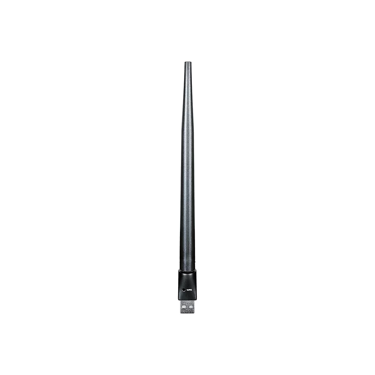 Drahtlose USB-WLAN-Antenne mit schwarzem Gehäuse, Stecker und länglicher Antenne, WPS-Logo.