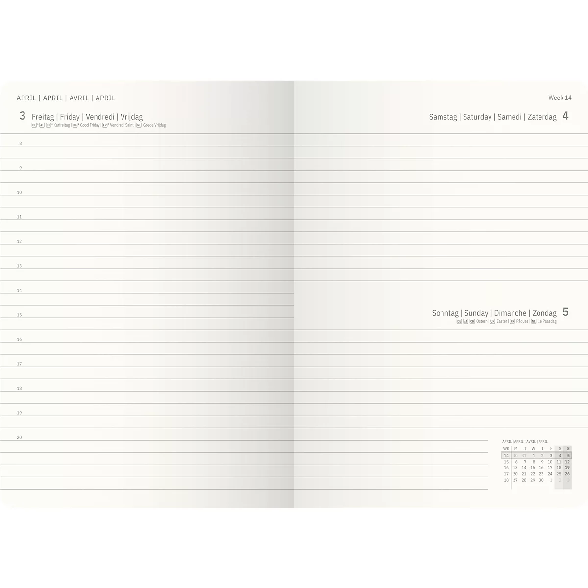 Open boekpagina met gelijnde pagina's voor notities, datum bovenaan. Kleine kalender rechtsonder.