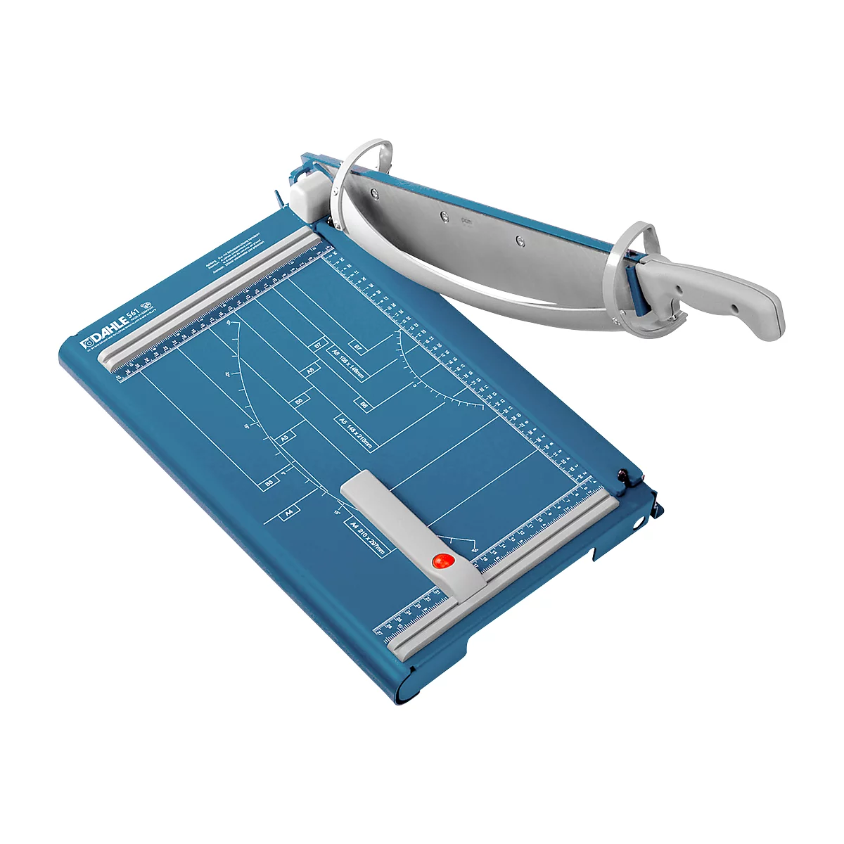 Blue paper cutter with white blade and handle, on blue base with measurements.
