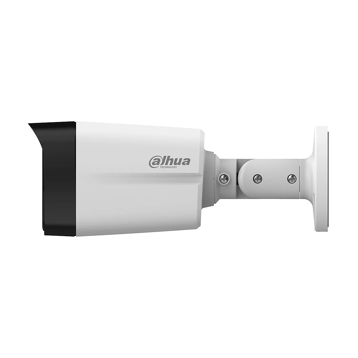 Weiße Dahua Überwachungskamera im Bullet-Design mit Wandhalterung vor weißem Hintergrund.