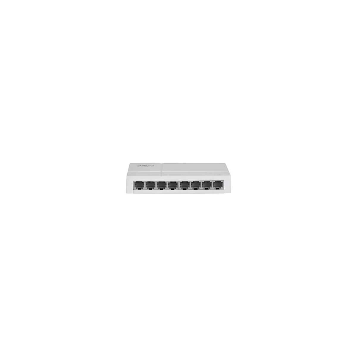 Ein weißer Dahua Netzwerk-Switch mit acht LAN-Anschlüssen vor einem weißen Hintergrund.