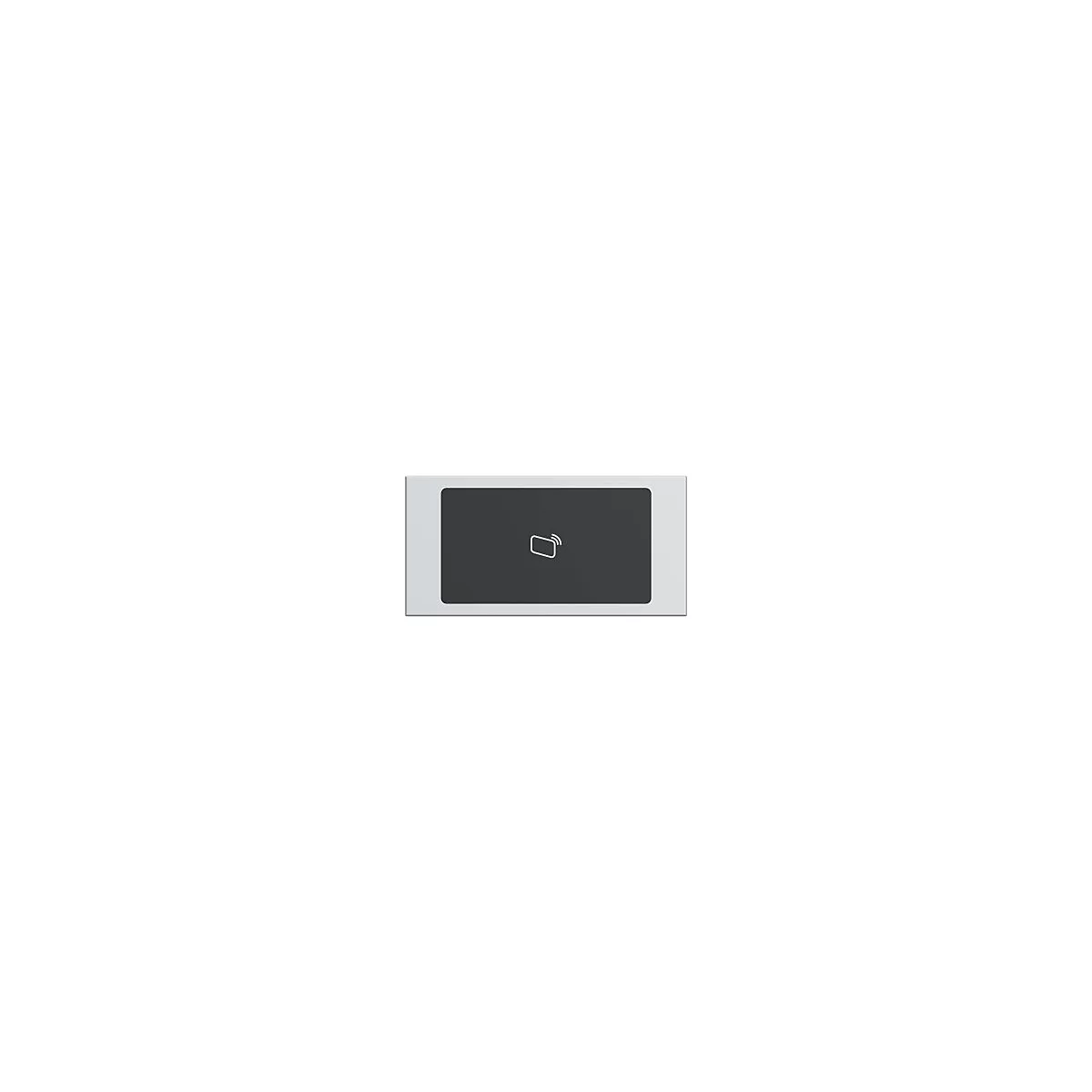 Rechteckiges graues Wandpanel mit einem dunklen Sensorfeld und einem weißen NFC-Symbol in der Mitte.