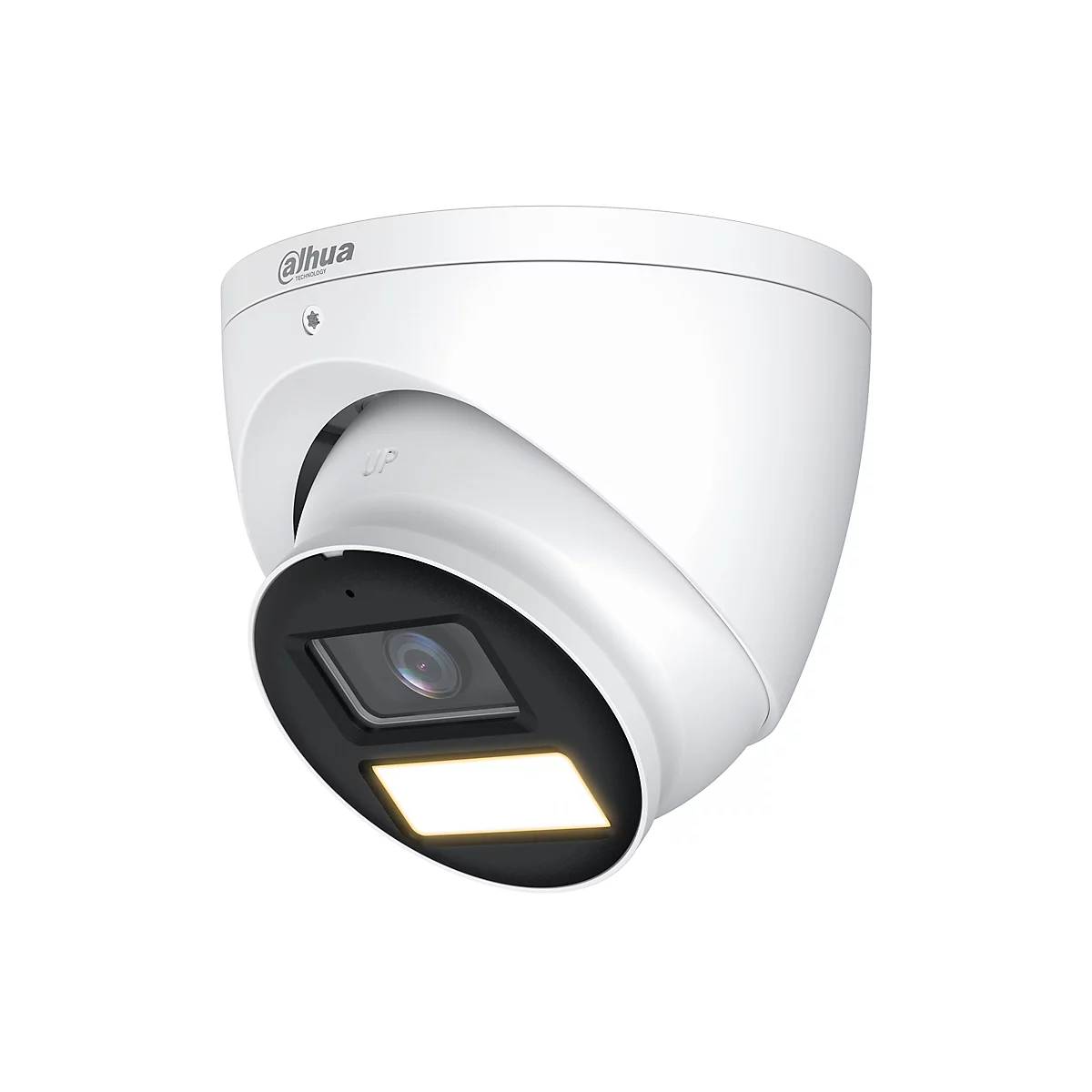 Weiße Dahua Überwachungskamera in Kuppelform vor weißem Hintergrund mit Linse und LED-Licht.