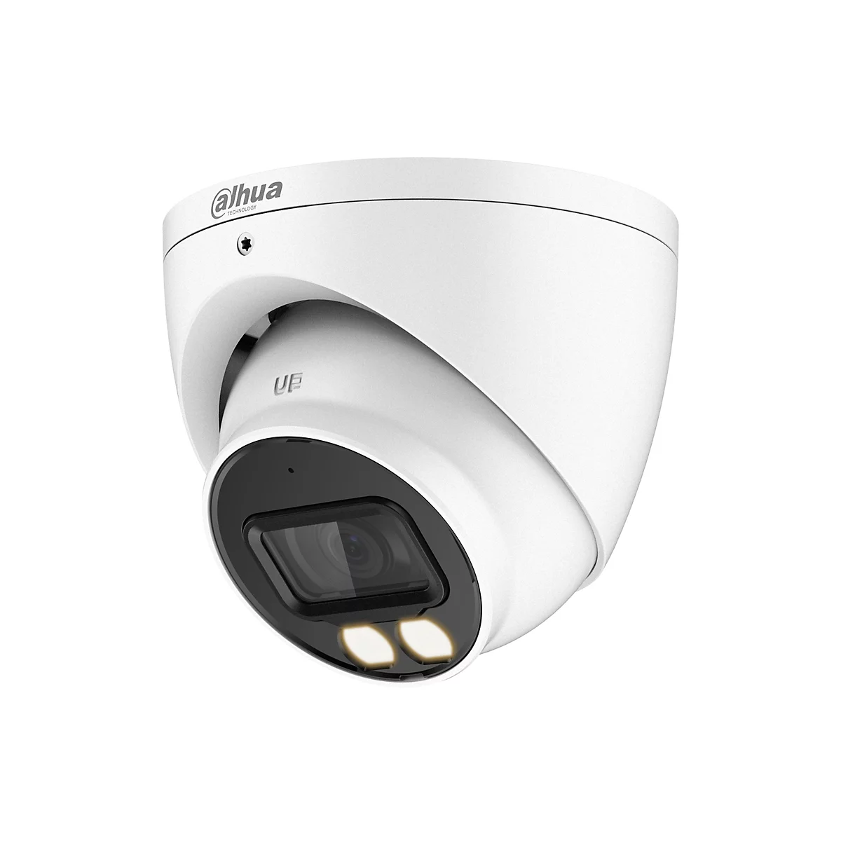 Weiße Dahua Turret-Überwachungskamera vor weißem Hintergrund mit zwei integrierten LED-Leuchten.
