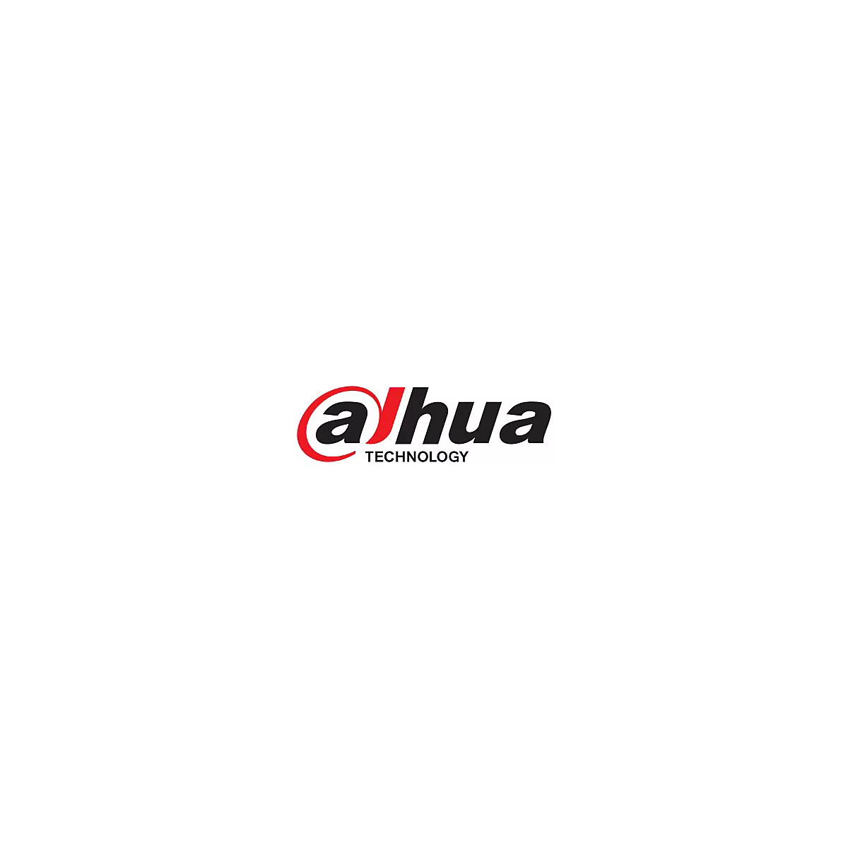 Dahua Technology Logo, schwarzer Schriftzug mit rotem, kreisförmigem Designelement um das kleine a.