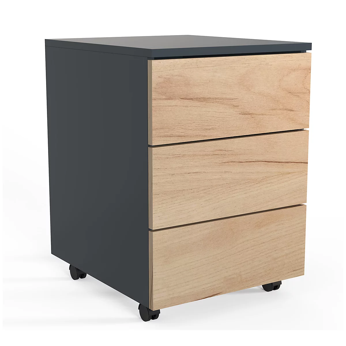 Three-drawer desk container in anthracite with wood front. Stands on black castors.
