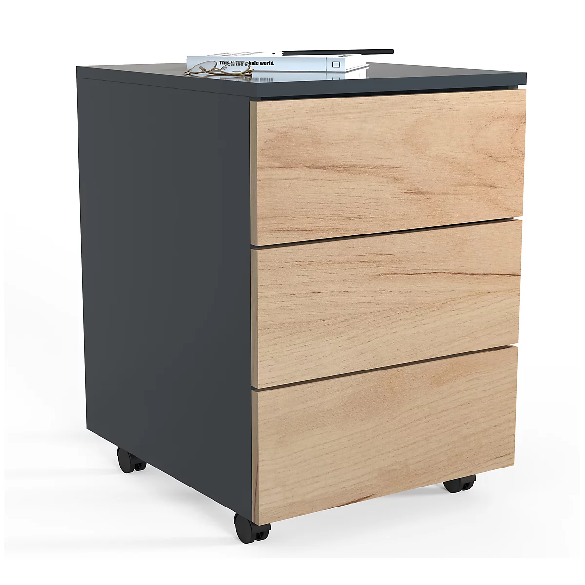 Dark grey mobile pedestal with wood front, books and glasses on top.