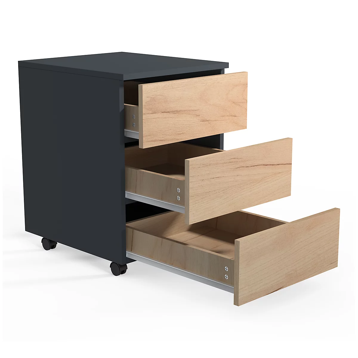 Dark grey mobile pedestal with three open drawers made of light wood. On castors.