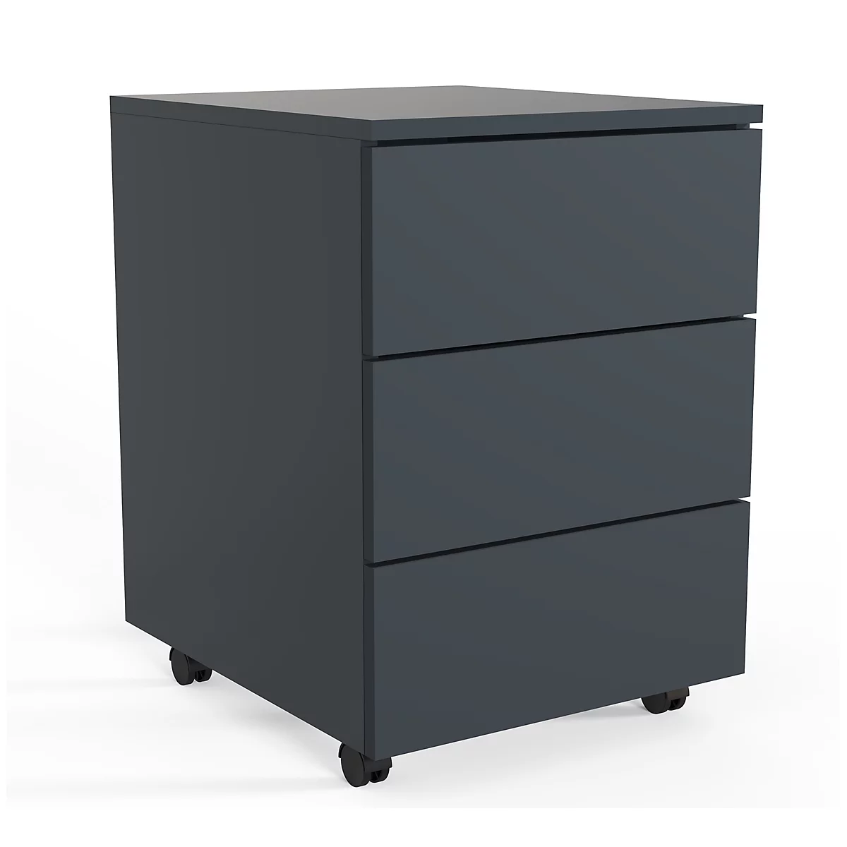 Dark gray mobile pedestal with three drawers. Black wheels.