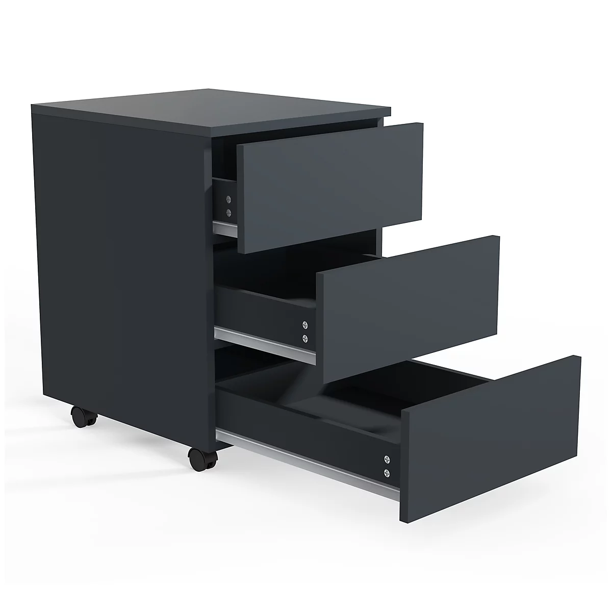 Dark gray three-drawer rolling file cabinet with drawers open against white background.
