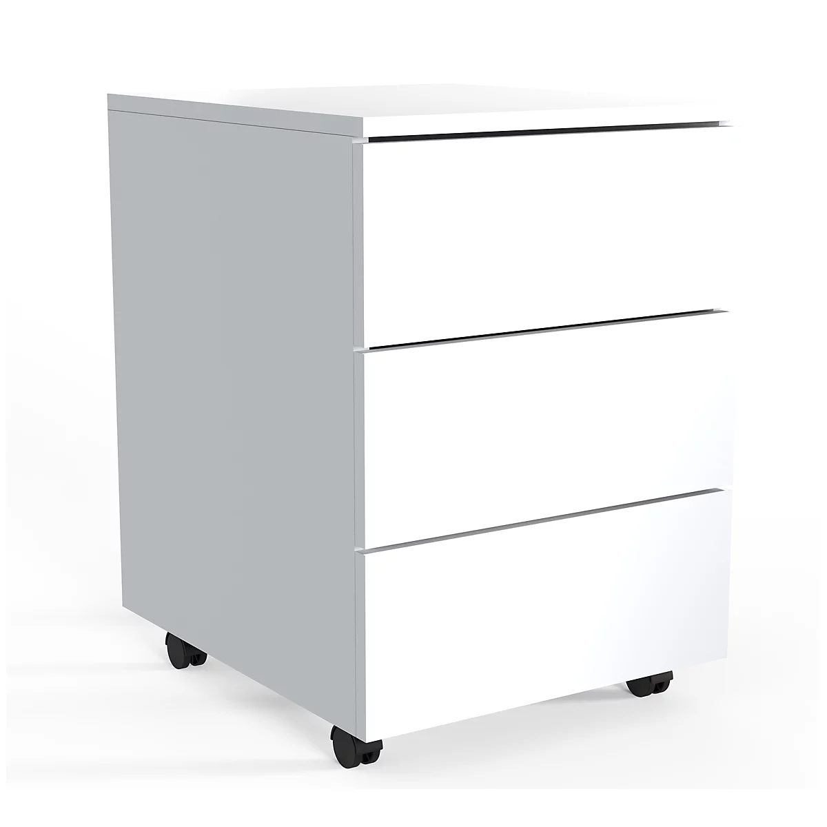 White, three-drawer mobile pedestal with black castors on a white background.