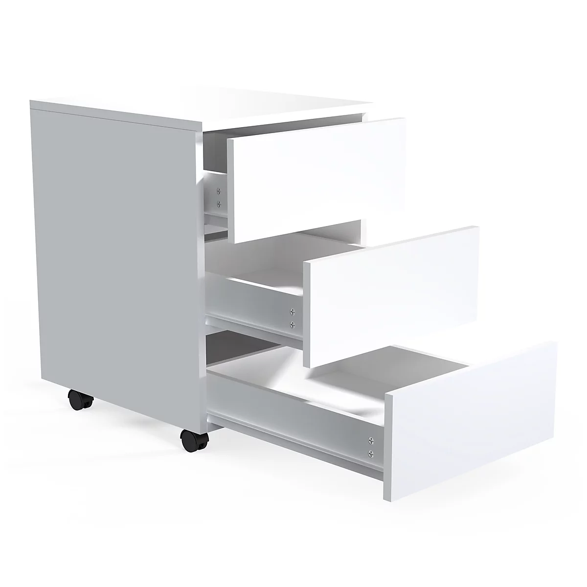 White three-drawer pedestal with open drawers. On castors. On a white background.