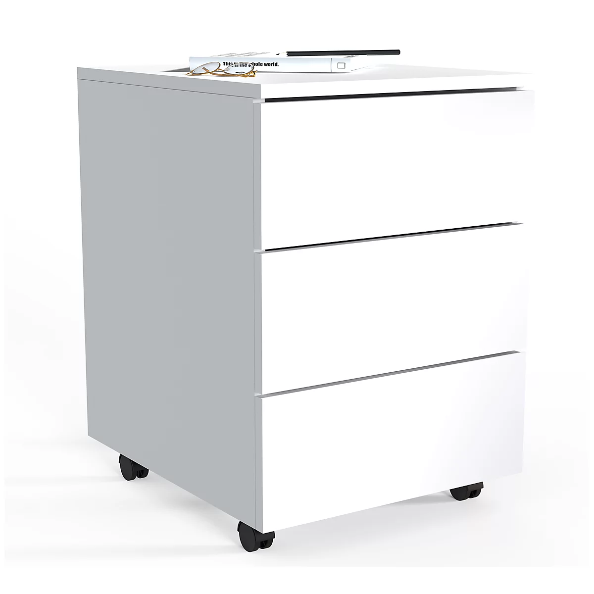 White rolling cabinet with three drawers and wheels. On top are glasses, a book and a remote control.