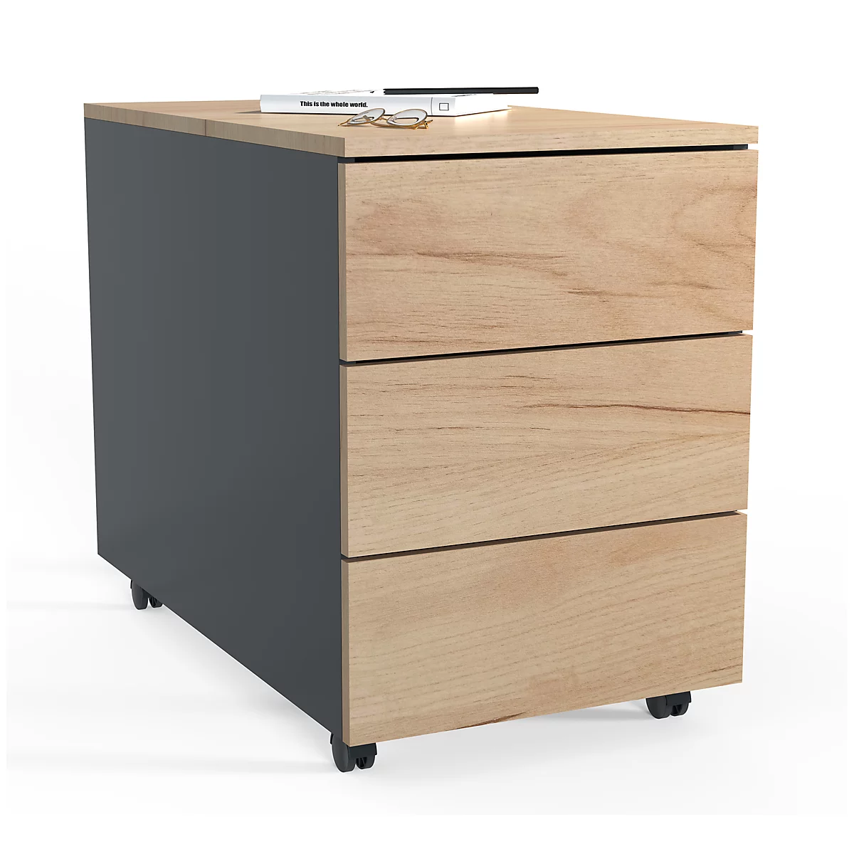 Rolling cabinet with three wood-look drawers, gray sides, with books and glasses.