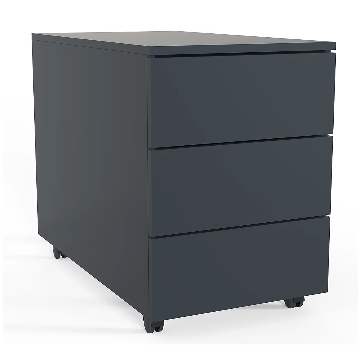 Dark gray desk container with three drawers and casters.