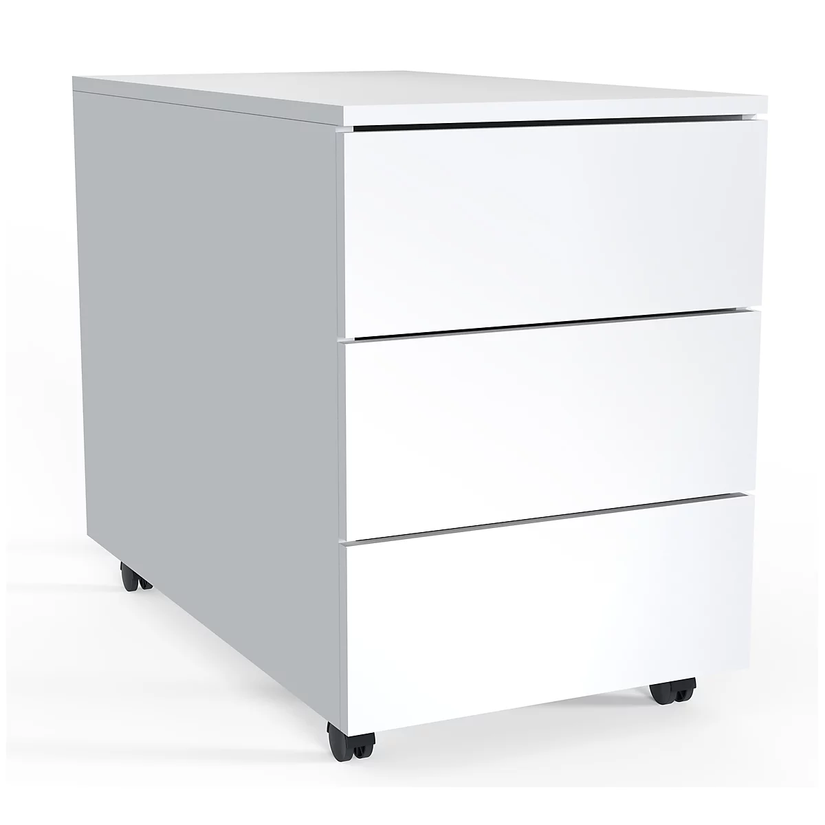 White rolling cabinet with three drawers, on casters. The drawers have narrow grip strips.