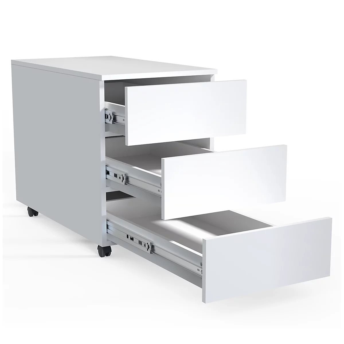 White cabinet with three drawers, two open.