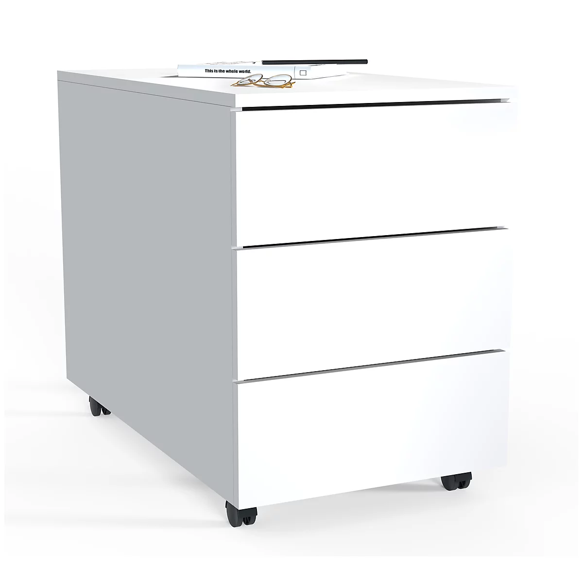 White, rolling file cabinet with three drawers, glasses, and a book. A black book and glasses are on the cabinet.
