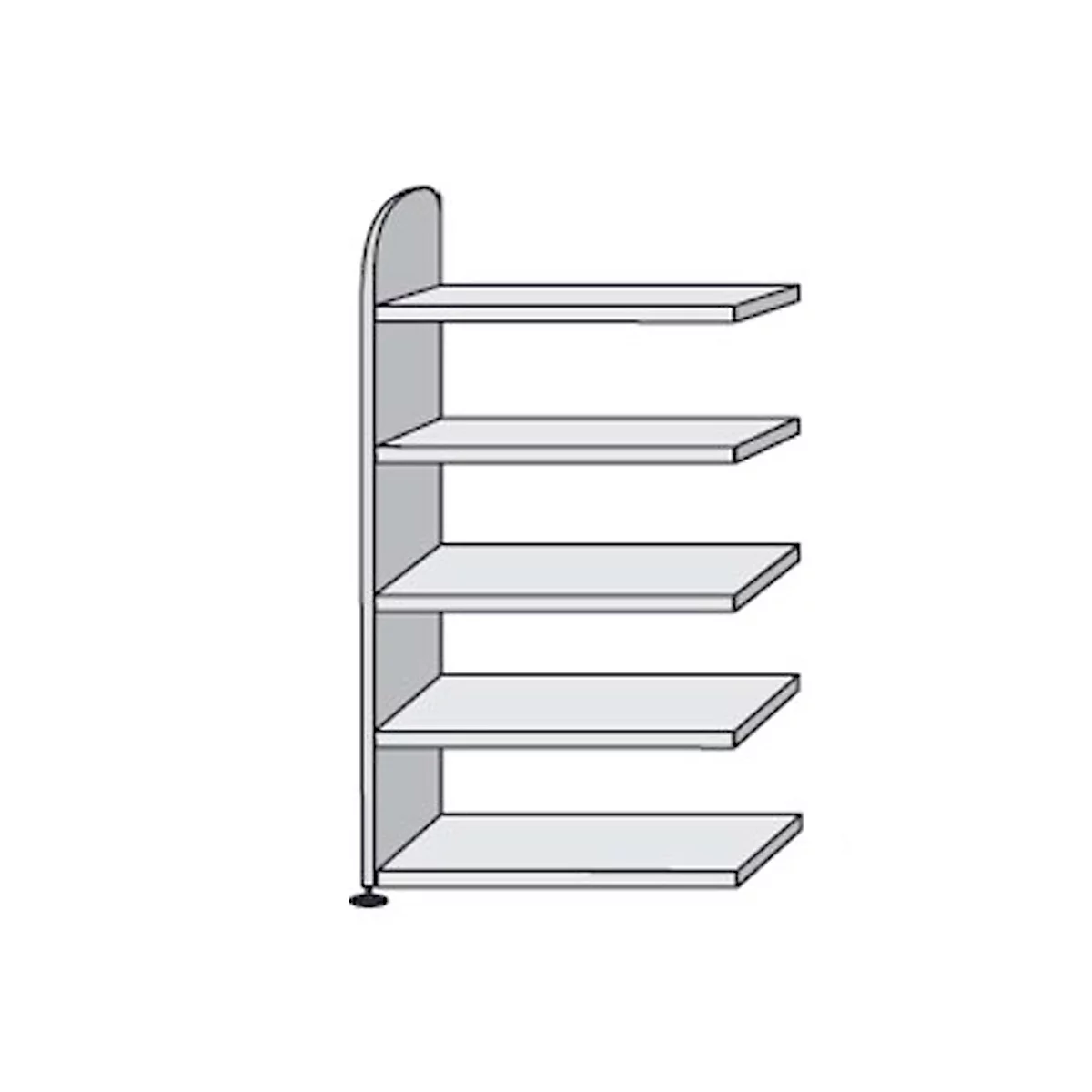 Grey, freestanding shelf unit with 5 shelves. Rounded top edge. Black feet.