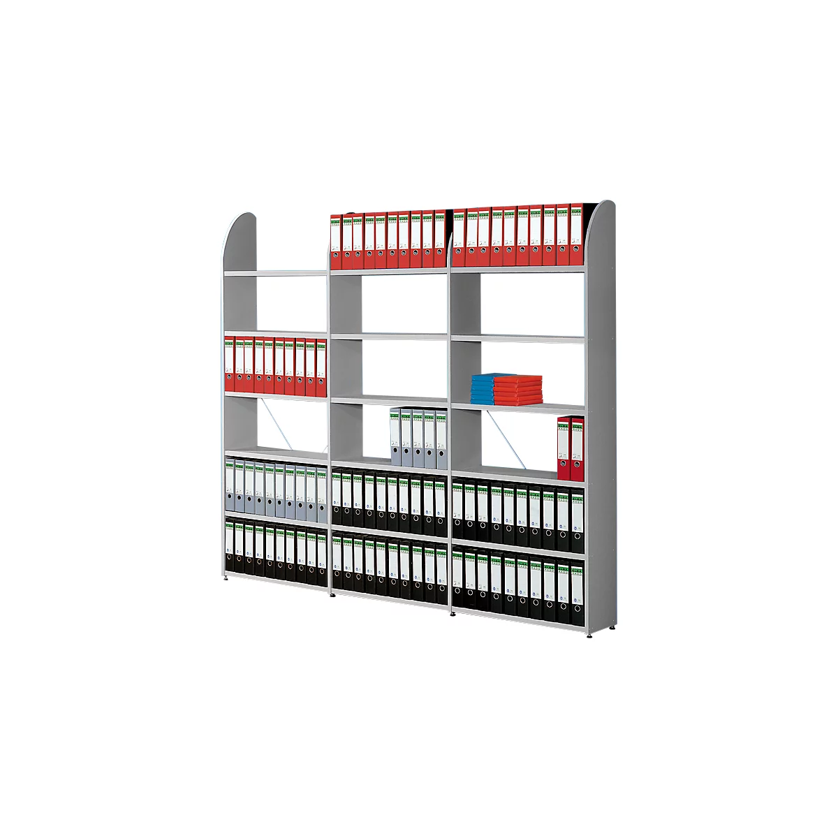 Grey shelving unit filled with red, blue, black, and grey binders.