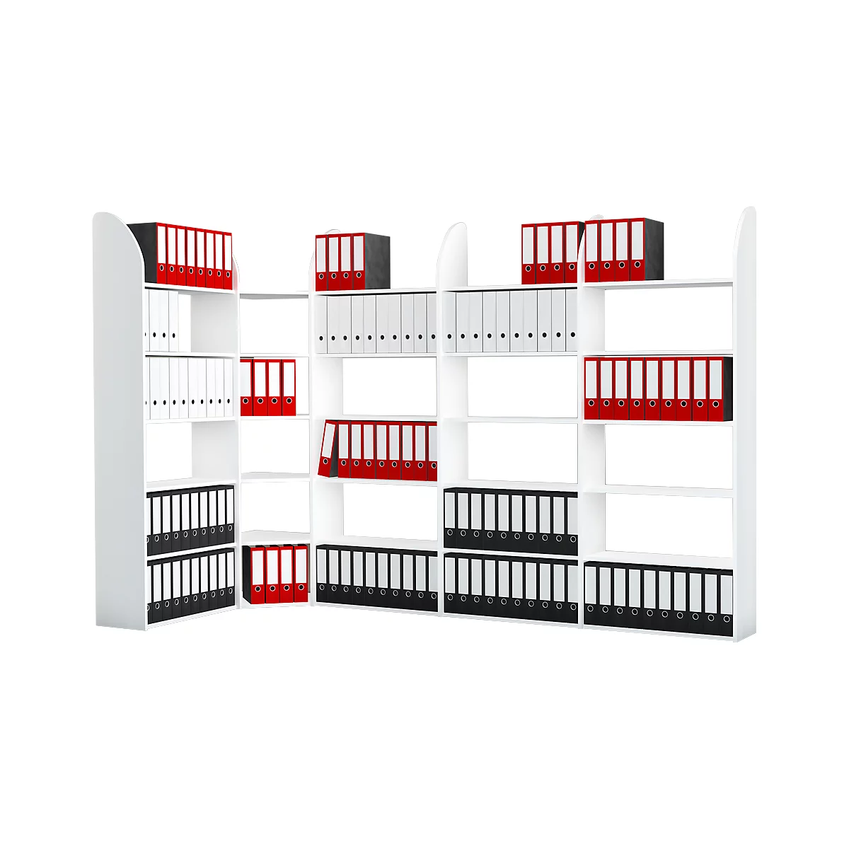 White office cabinet shelving system with red, black, and white folders. A good storage solution for documents.