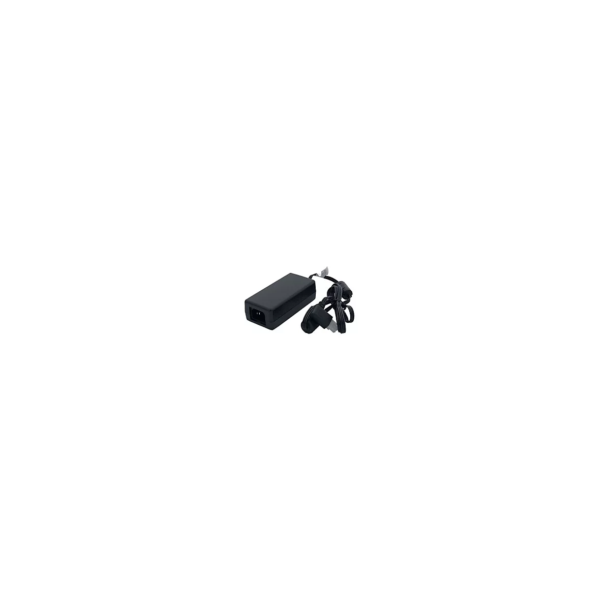 Adaptateur secteur noir avec câble et prise, sur fond blanc.