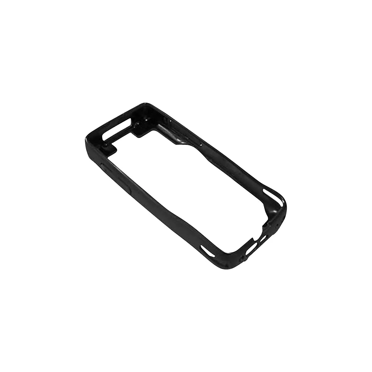 Coque de téléphone noire avec découpes. Elle est rectangulaire et les coins sont arrondis.