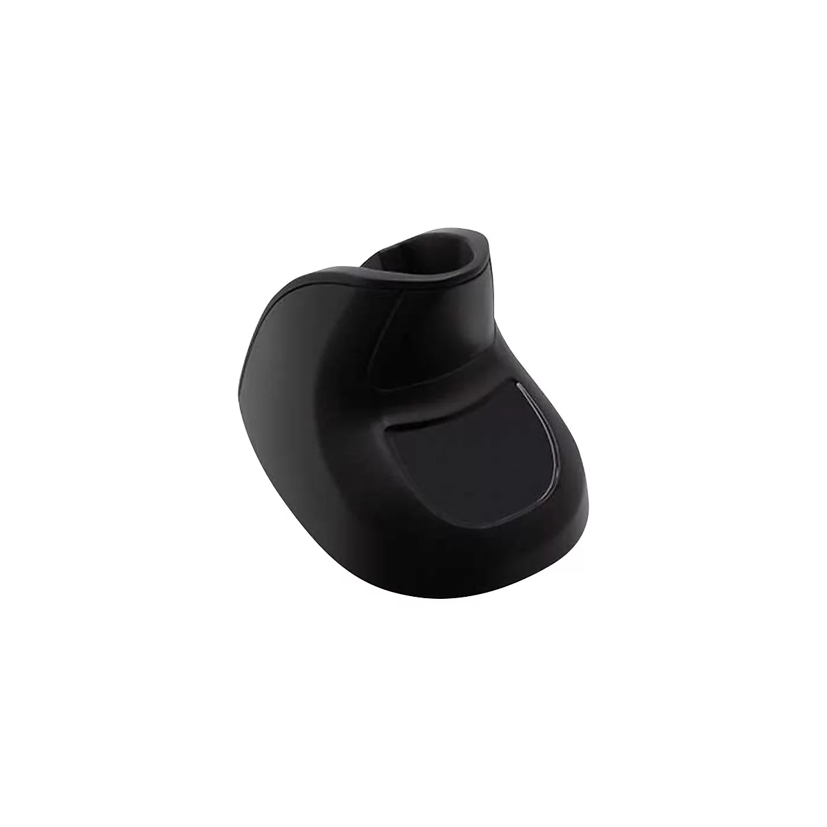 Schwarzer Halter für ein VR-Headset, detailreich abgebildet. Mit Öffnung und rechteckiger Vertiefung.