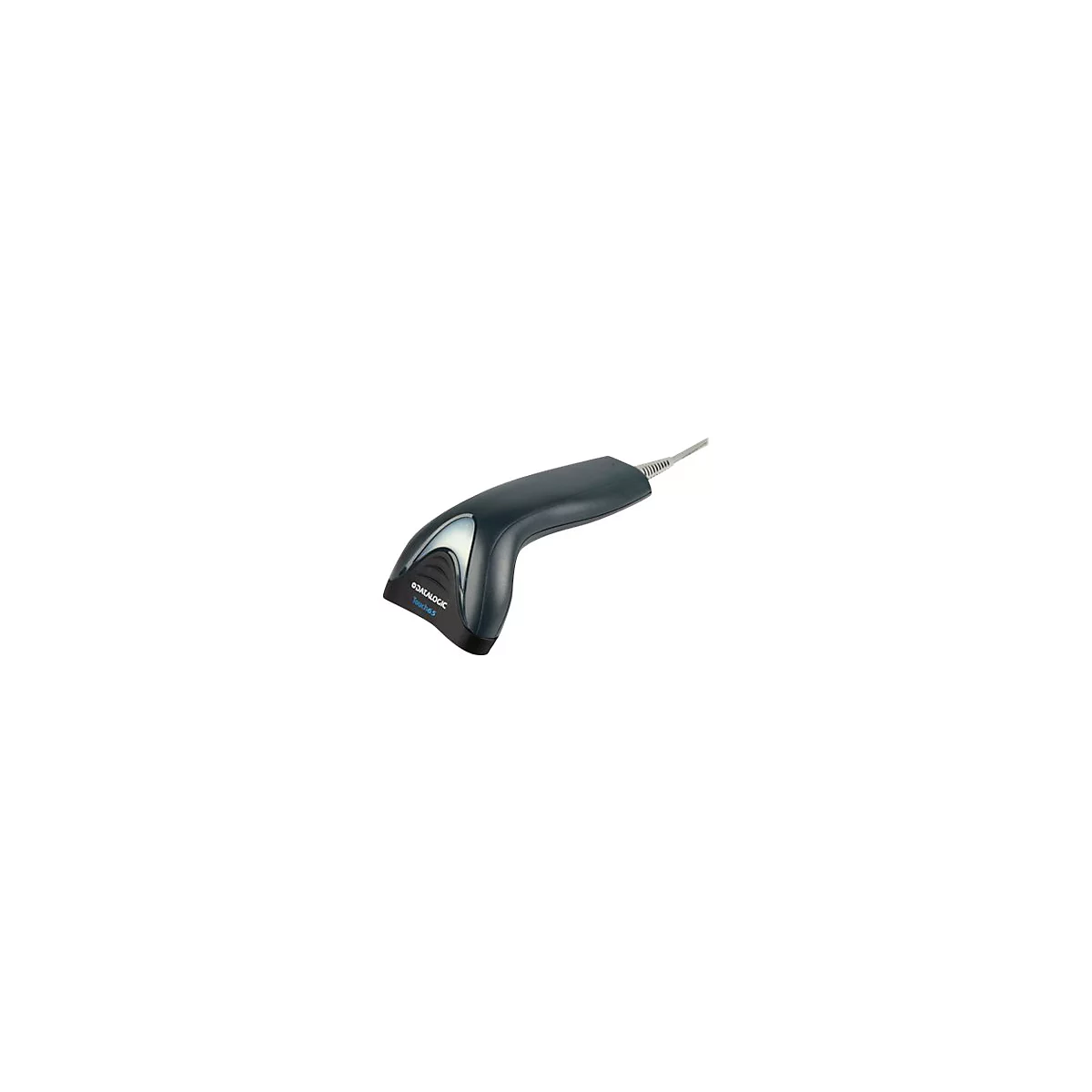 Scanner de codes-barres gris foncé avec câble blanc, marque Datalogic. Gâchette noire et forme incurvée.