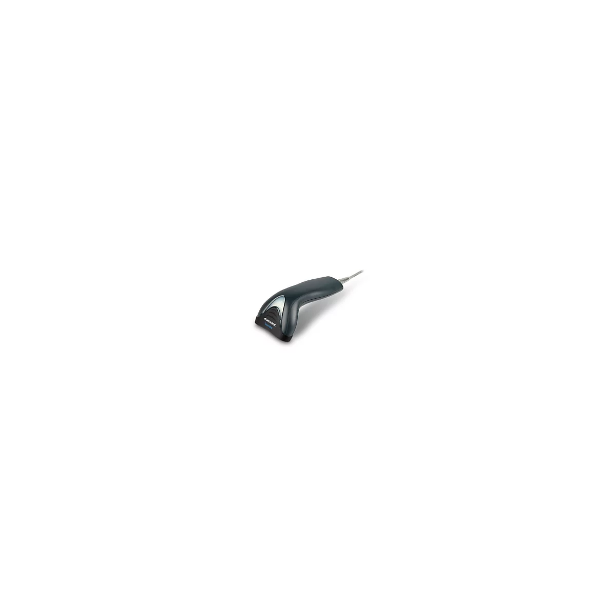 Scanner de codes-barres bleu foncé avec câble blanc, isolé sur fond blanc.