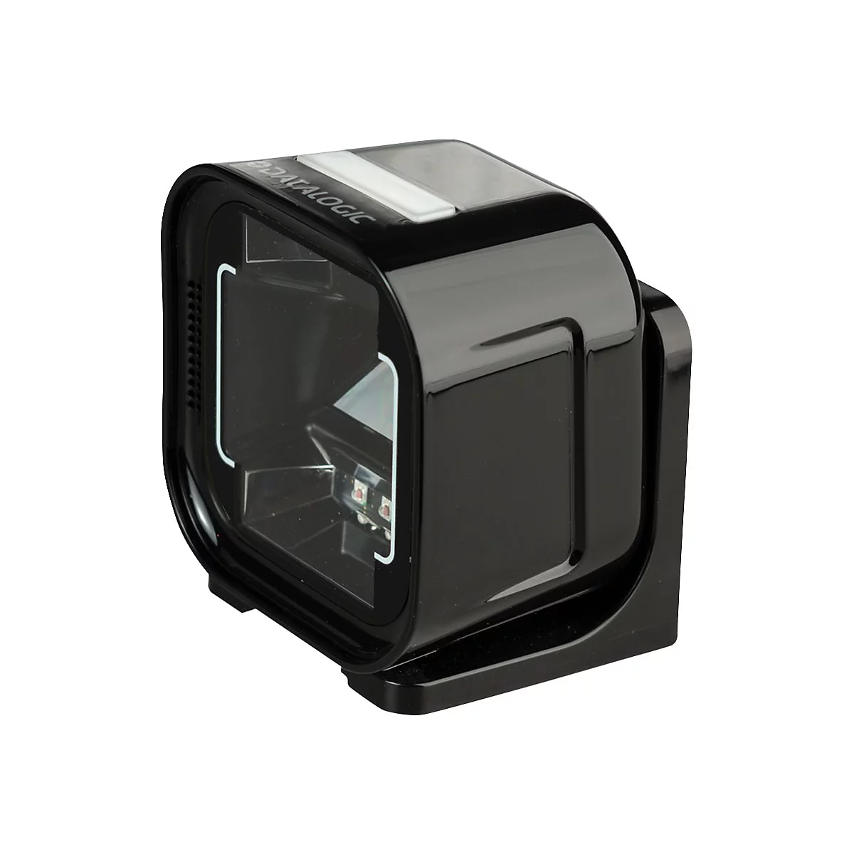 Scanner de code-barres noir avec façade en plastique transparent. Logo Datalogic en haut.