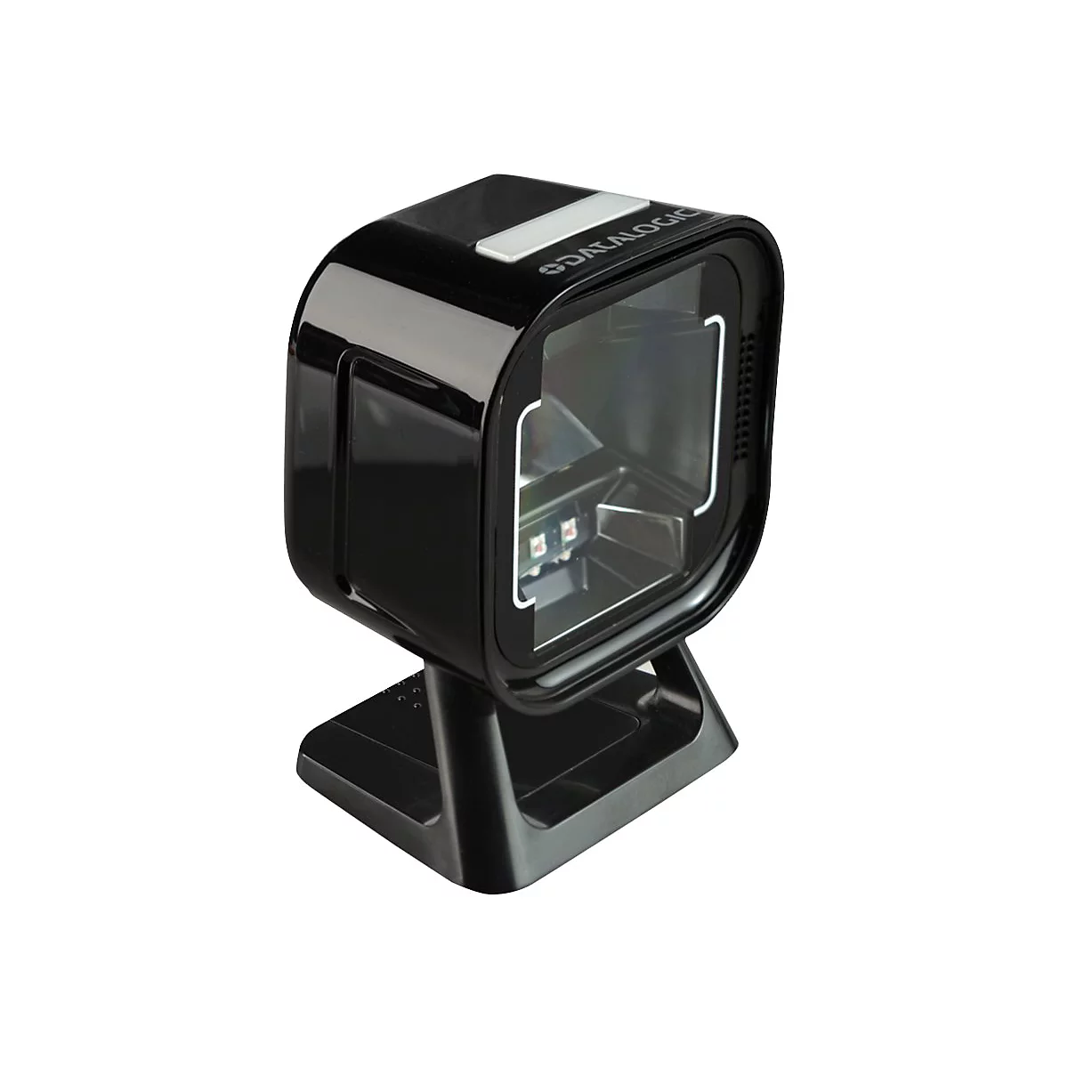 Scanner de codes-barres noir avec le logo Datalogic. Il est monté sur une base et photographié sur un fond blanc.