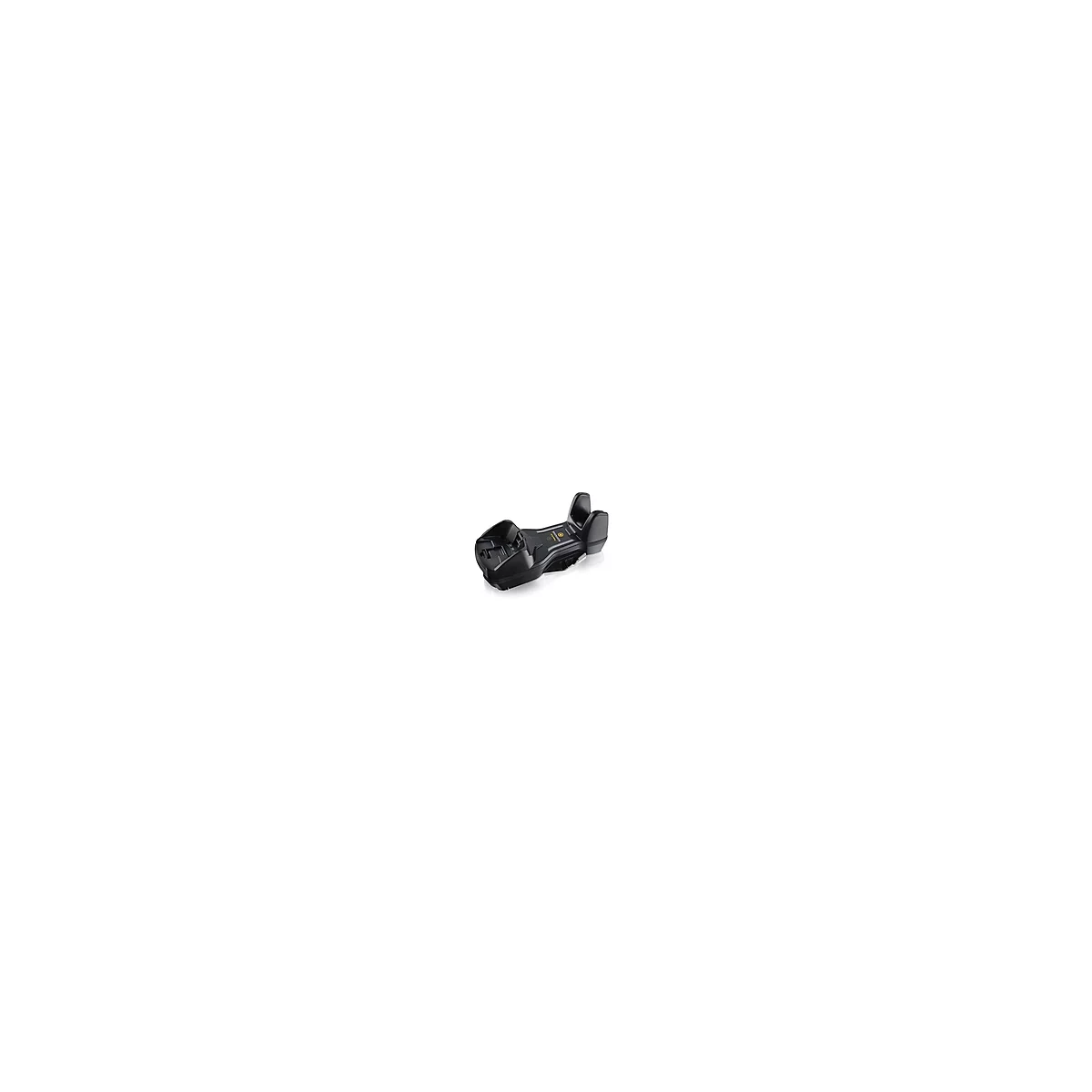 Schwarze, ergonomisch geformte Ladestation mit gelbem Logo und Aufschriften.