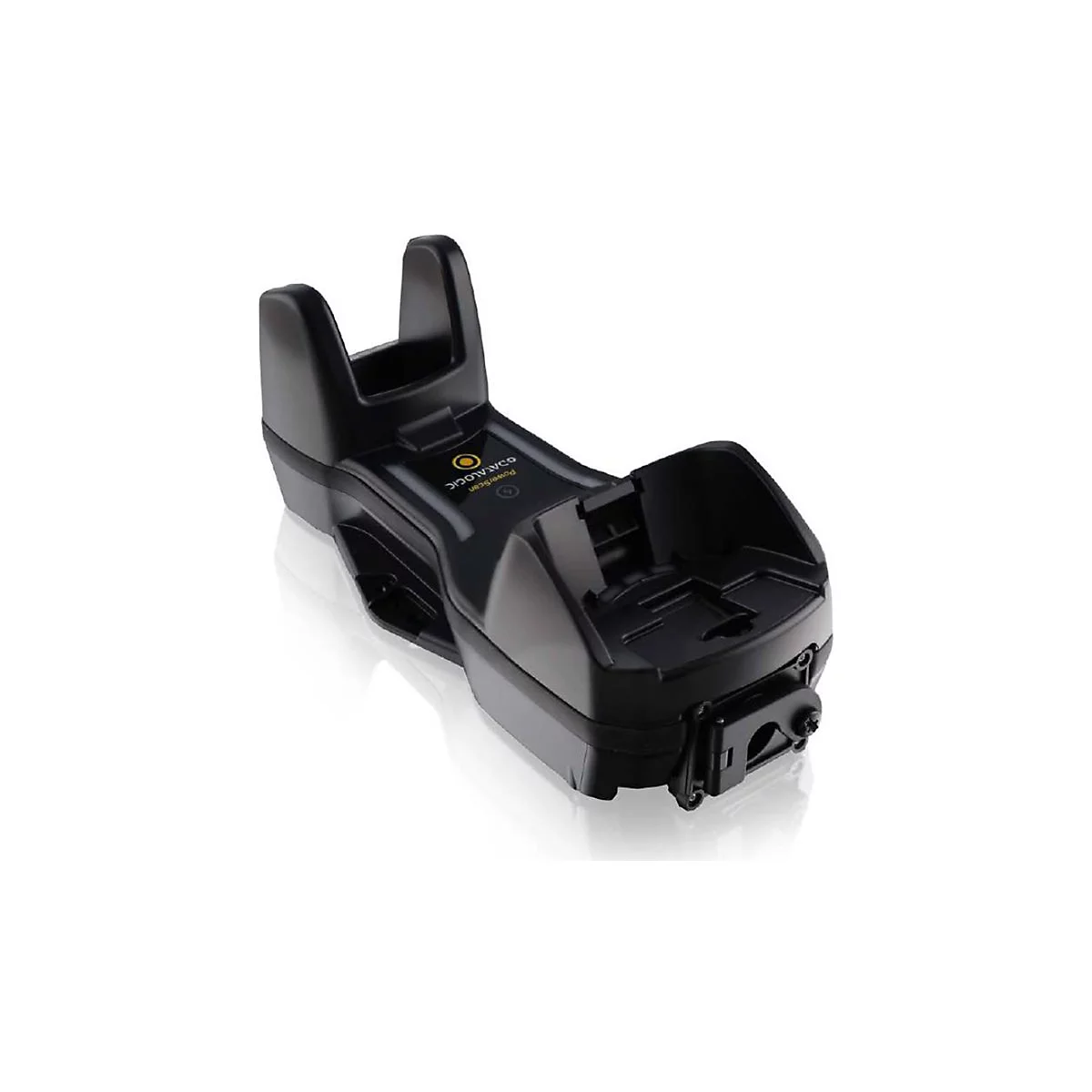 Schwarze Ladestation für einen Barcode-Scanner, mit dem Logo PowerScan von Datalogic.