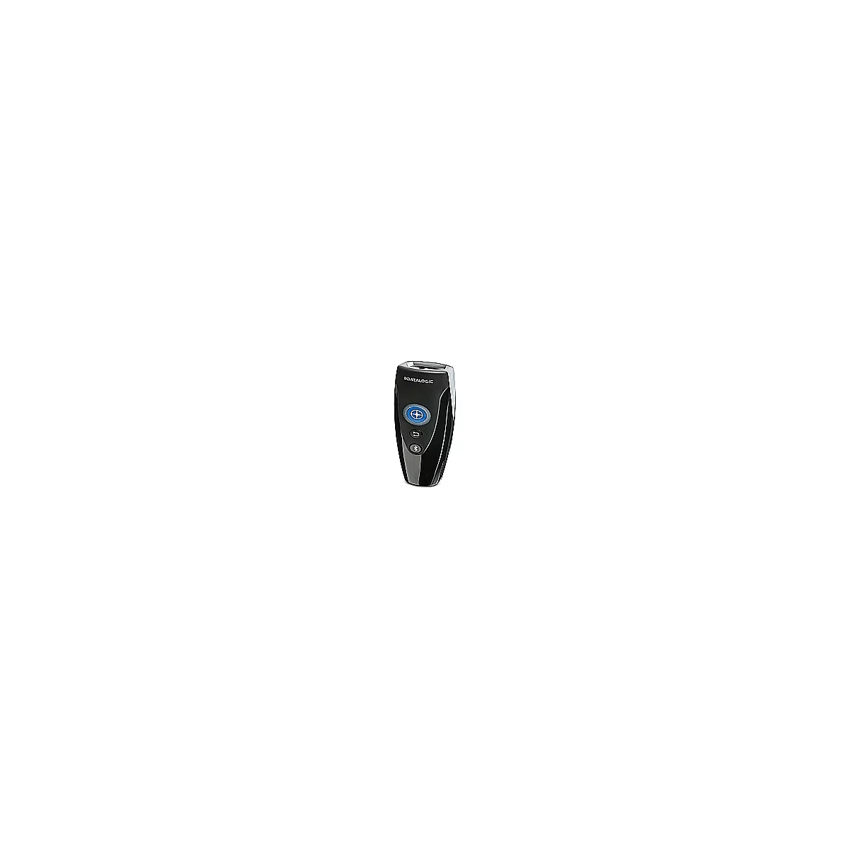 Scanner de codes-barres noir avec un bouton bleu et un symbole Bluetooth.