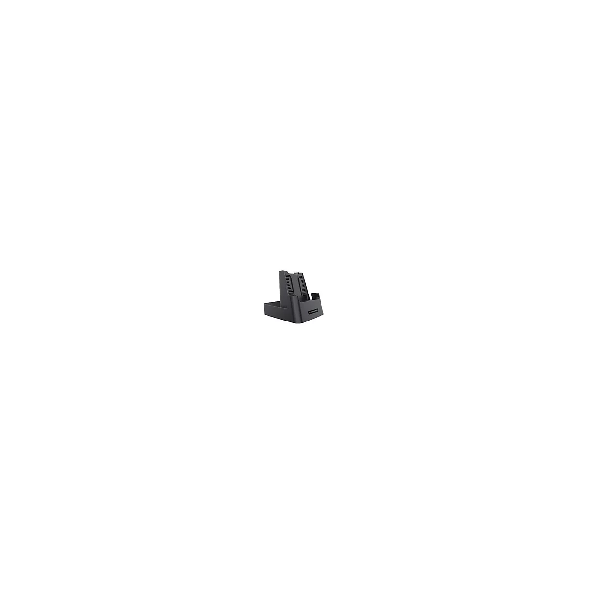 Station de recharge noir pour un appareil mobile. Il est doté d'un support vertical et d'une base rectangulaire.