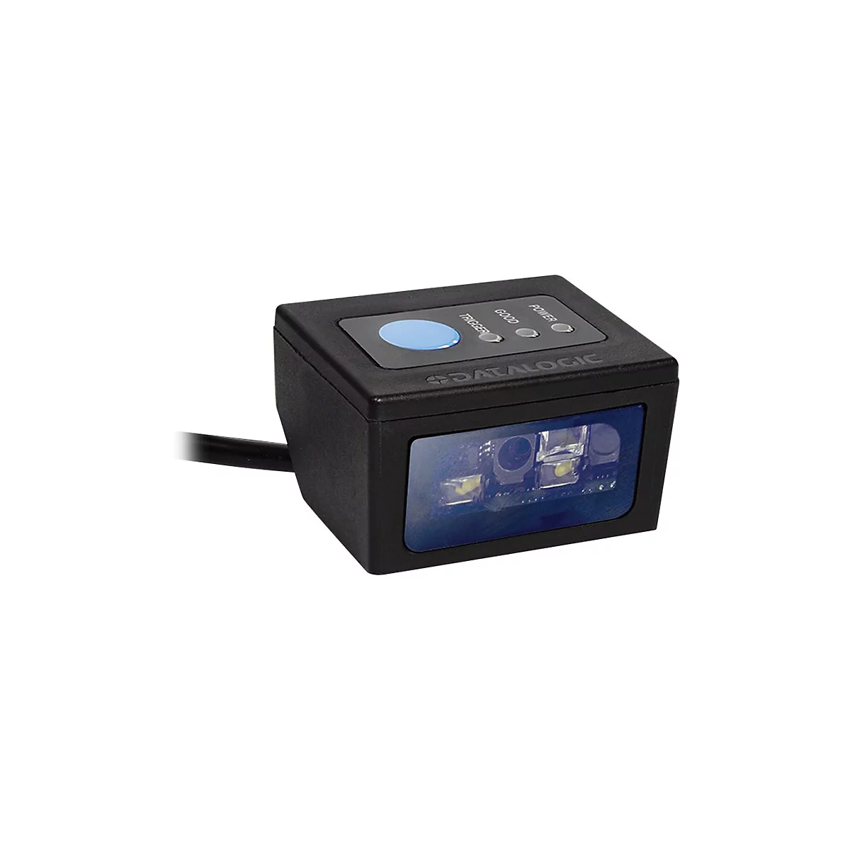 Scanner de code-barres noir avec bouton bleu, voyants et câble.