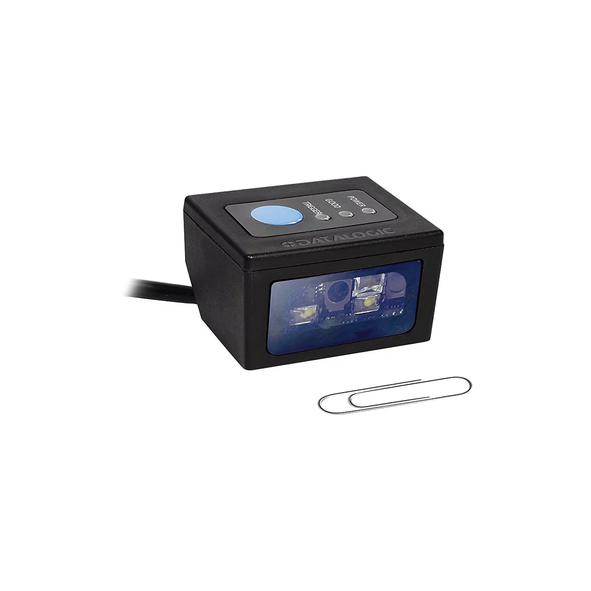 Schwarzer Barcode-Scanner mit blauer Taste, darunter eine Büroklammer.