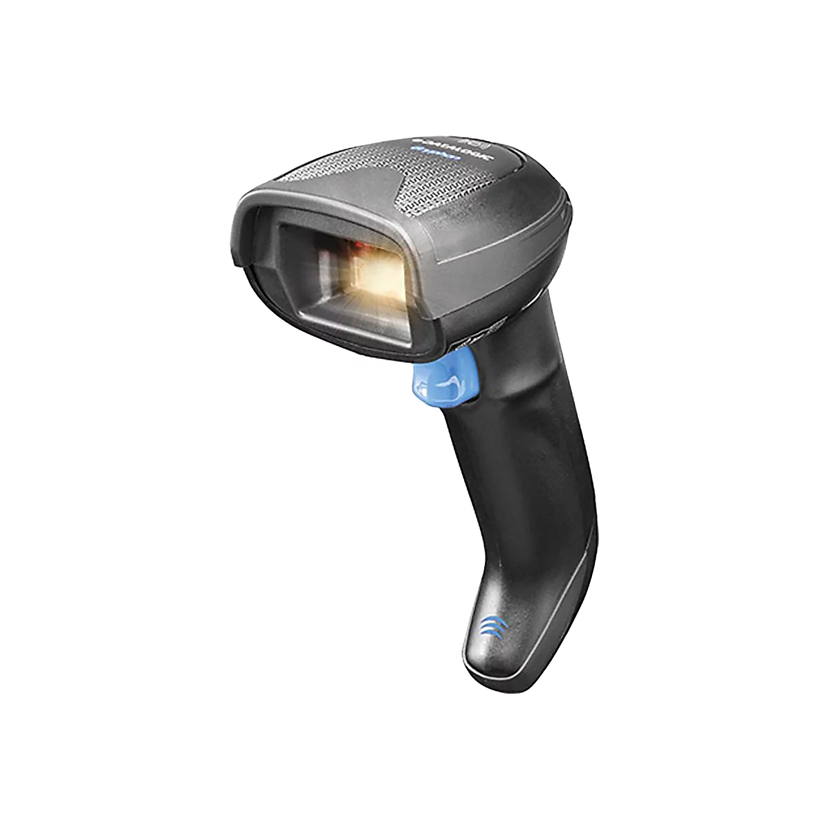 Schwarzer Barcode-Scanner mit blauem Knopf und Lichtaustritt. Auf weiÃŸem Hintergrund.