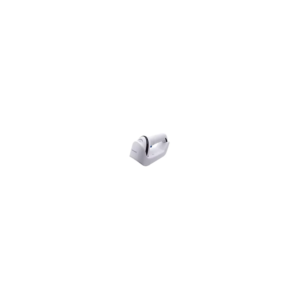 Appareil blanc avec poignée et socle de chargement, détail bleu. Inscription: DATALOGIC.