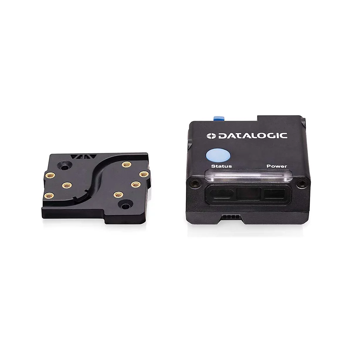 Schwarzes Datalogic-Gerät mit blauer Taste und Gehäuse. Daneben ein schwarzer Halter mit Schrauben.