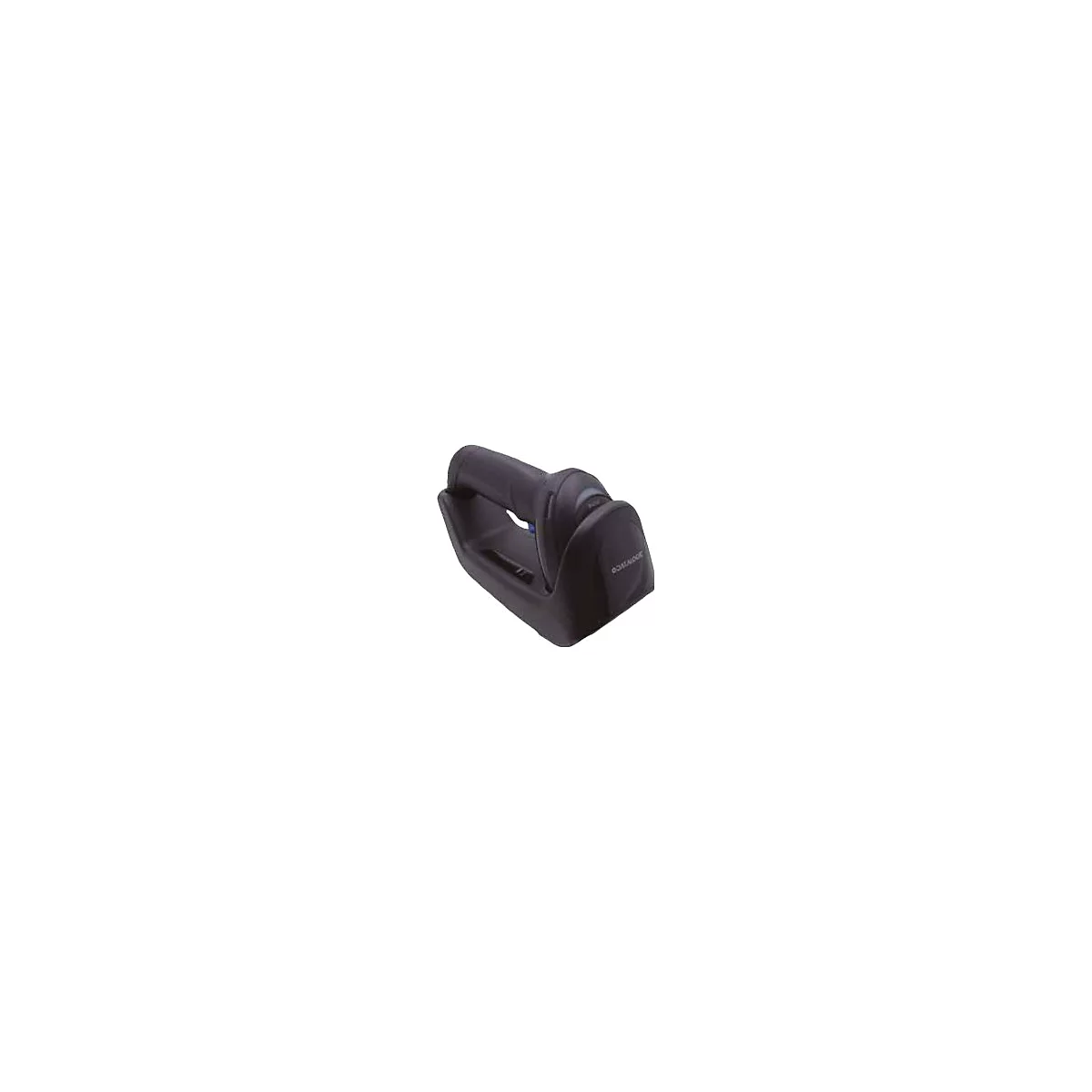 Scanner de code-barres noir dans une station de charge sur fond blanc.