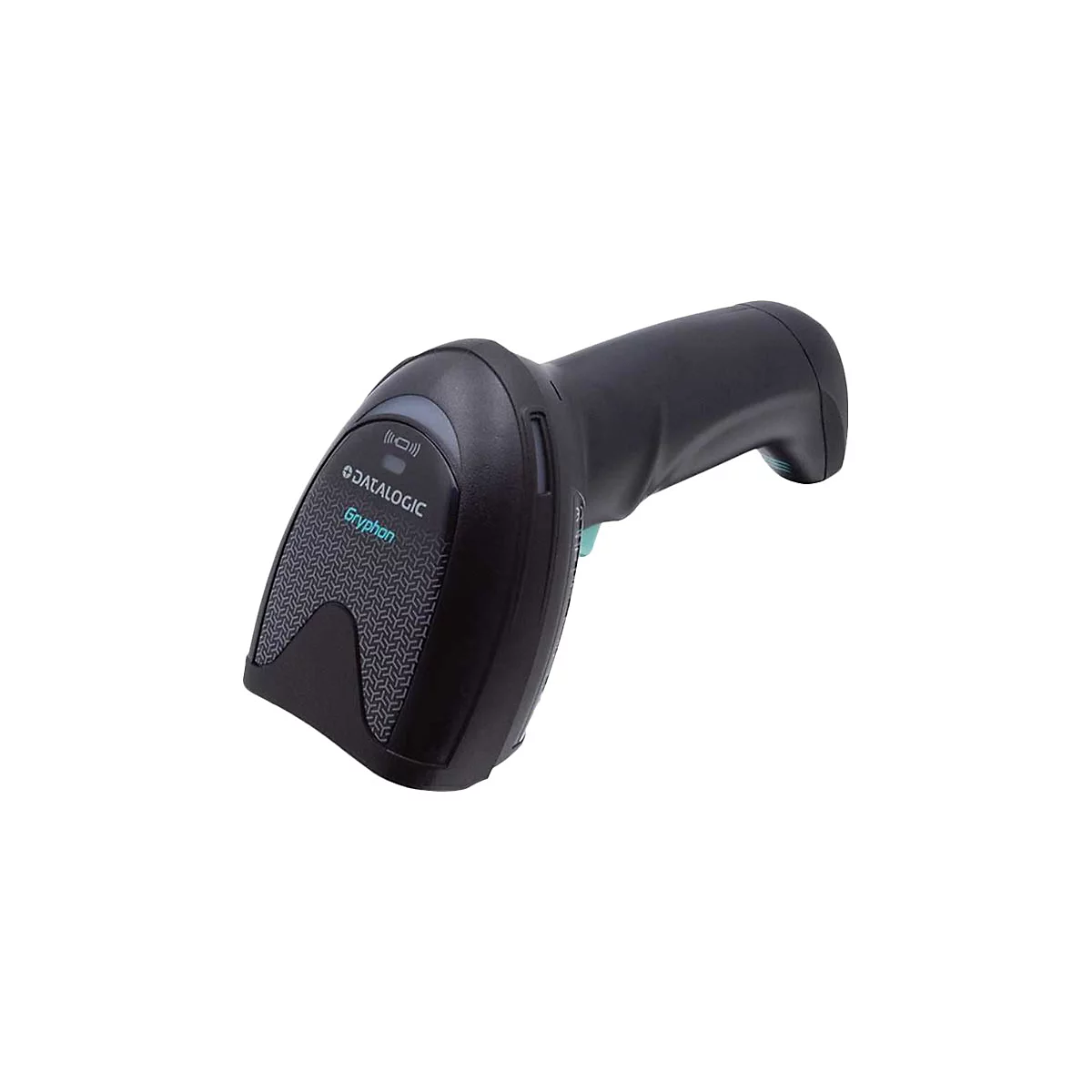 Scanner de codes-barres noir Datalogic, modèle Gryphon, sur fond blanc.