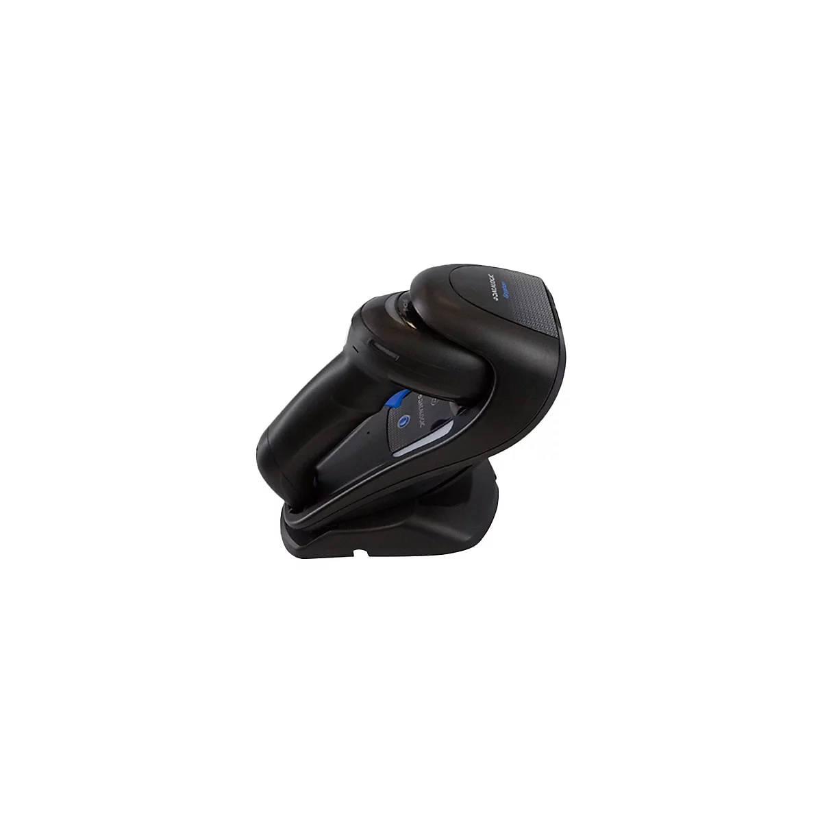 Scanner de code-barres noir dans une station de recharge sur fond blanc.