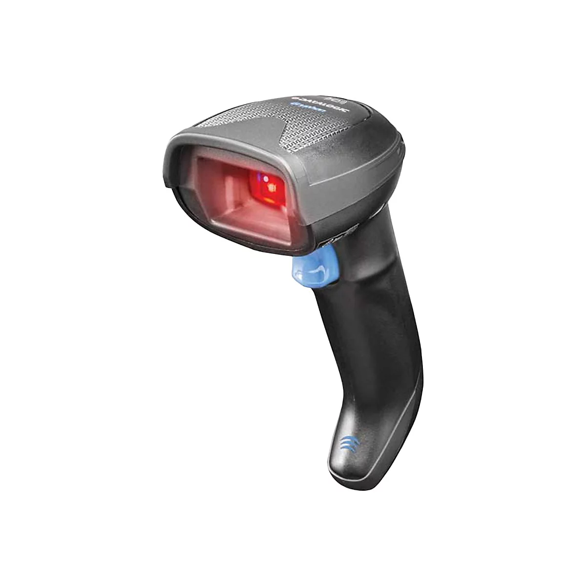 Un lecteur de codes-barres noir avec une lumière laser rouge.