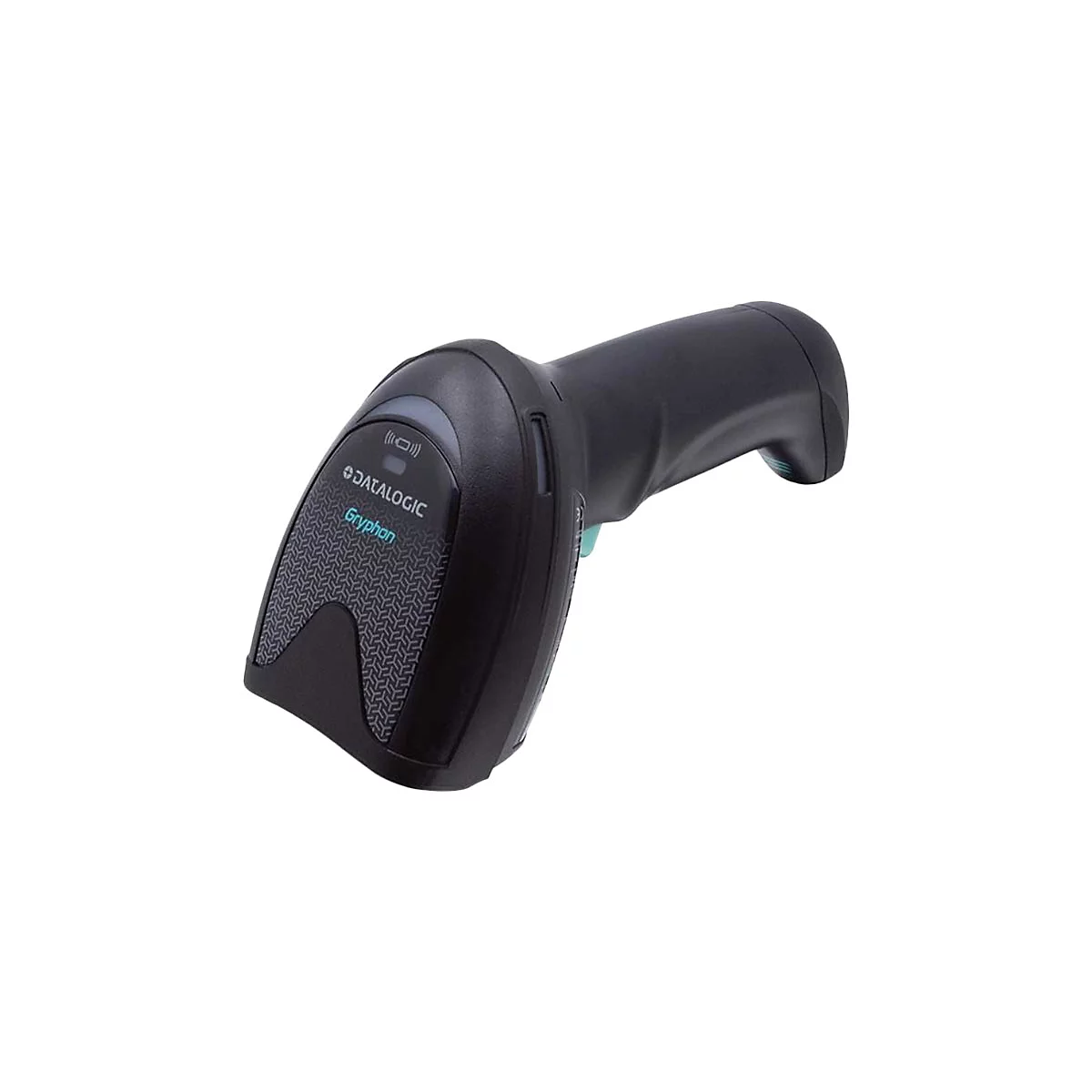 Schwarzer Barcode-Scanner mit Datalogic-Logo und Gryphon-Schriftzug. Das Gerät ist vor weißem Hintergrund abgebildet.