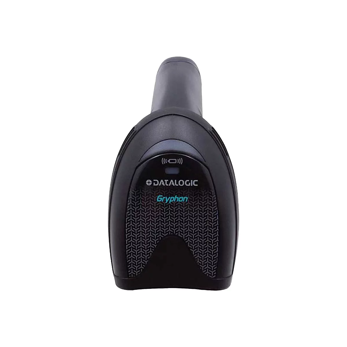 Schwarzer Barcodescanner, vorne: Logo DATALOGIC, darunter Gryphon, Muster. Oben: Anzeige. Weißer Hintergrund.