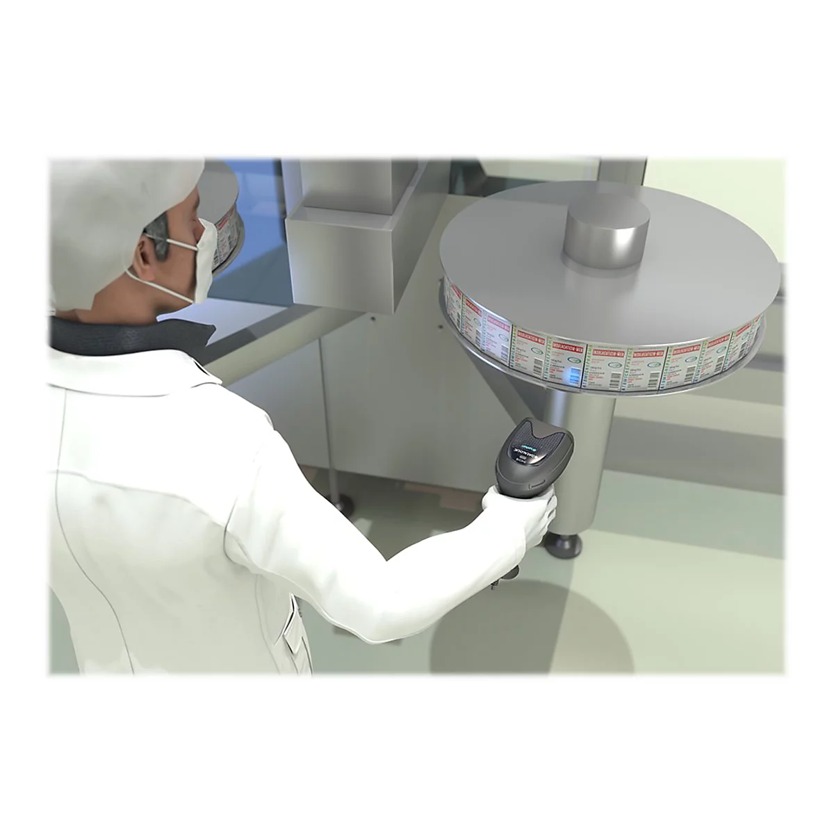 Eine Person in weiÃŸer Schutzkleidung scannt Produkte an einem Roboterarm. Der Arm dreht sich und hÃ¤lt Produkte bereit.