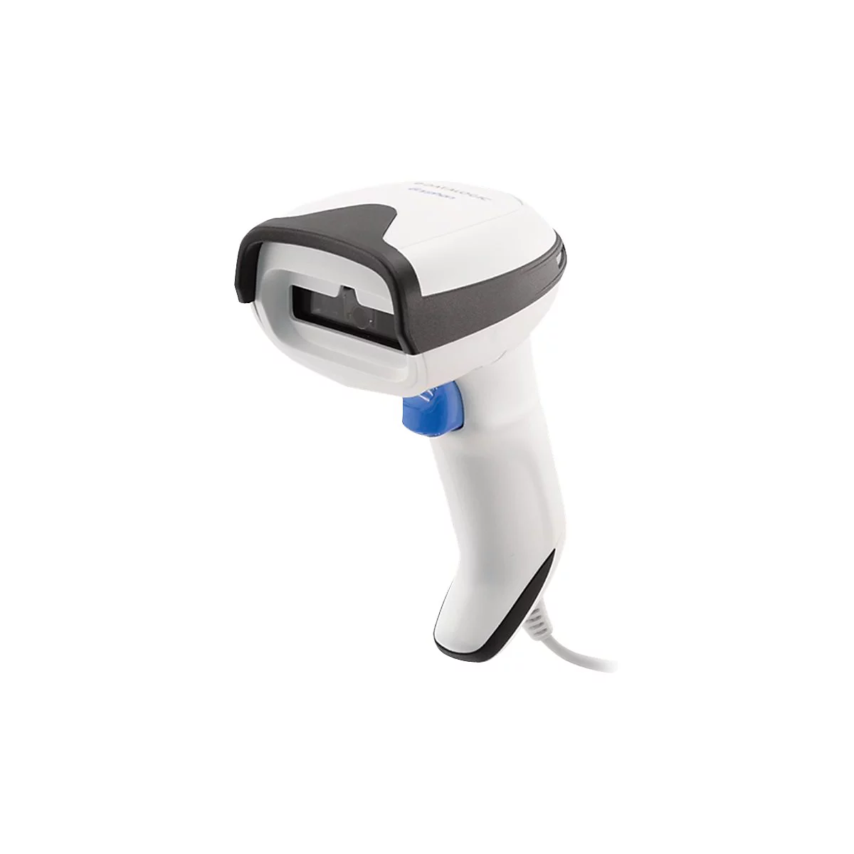 Scanner de codes-barres blanc et noir avec bouton bleu et câble.